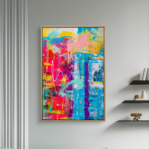 Colorful abstract painting on a wall in a modern interior setting
