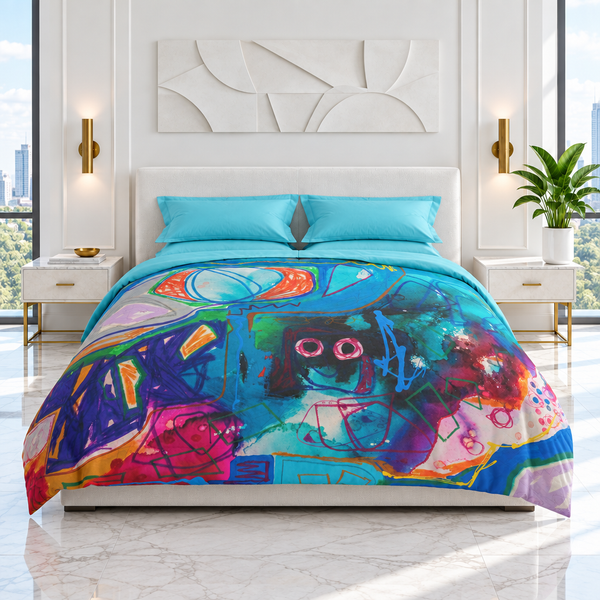 A Vibrant Life 2 comforter in the recreated white room with aqua bedding