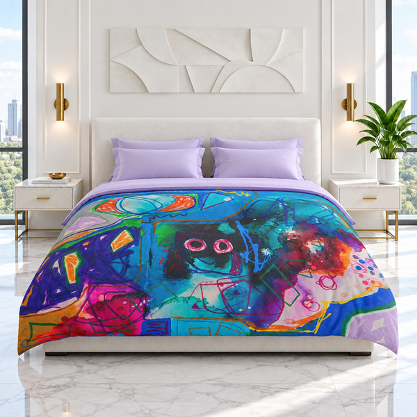 A Vibrant Life 2 comforter in the white room with lavender bedding