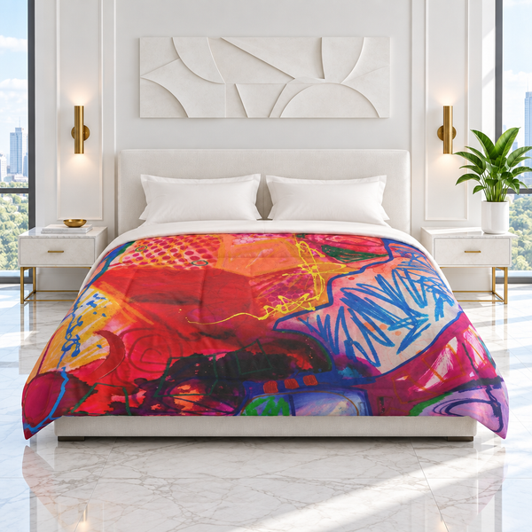 A Vibrant Life 3 comforter in the white room with an off-white headboard and bedding