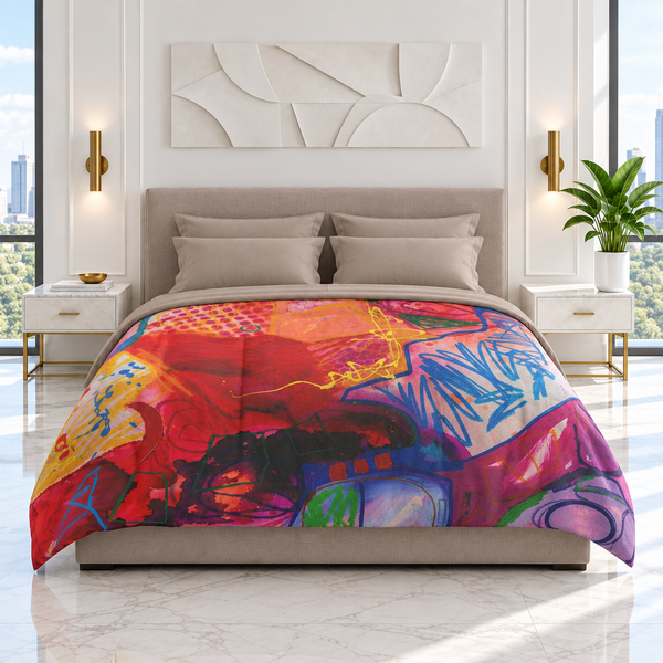 A Vibrant Life 3 comforter in the white room with matching taupe bedding
