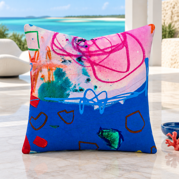 A Vibrant Life 4-b pillow with restrained art-matched details in a modern Turks and Caicos villa
