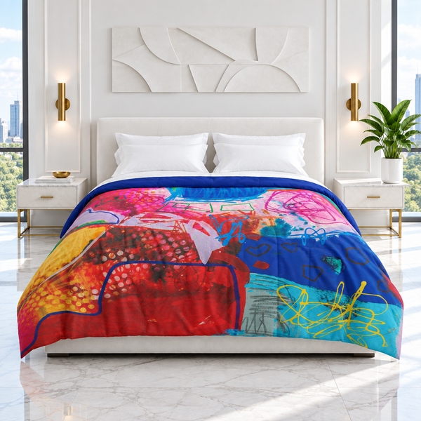 A Vibrant Life 4 comforter in the white room with a navy sheet and white pillows