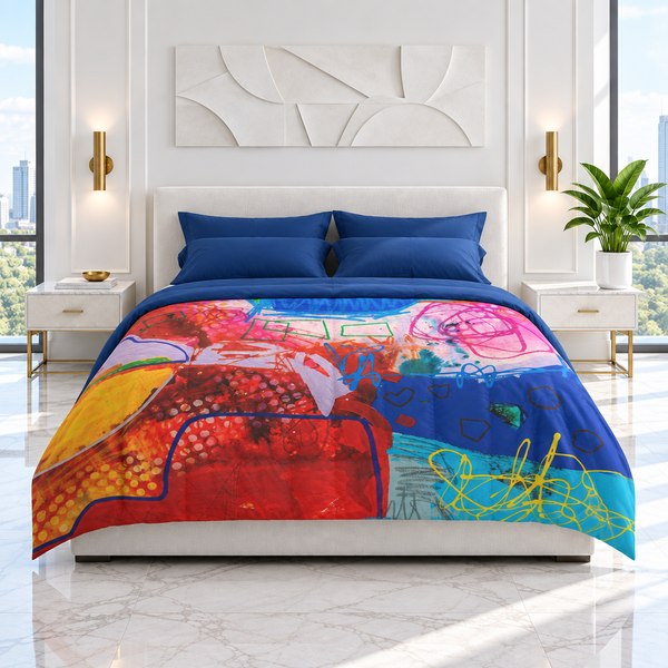 A Vibrant Life 4 comforter in the white room with navy-blue pillows and sheet