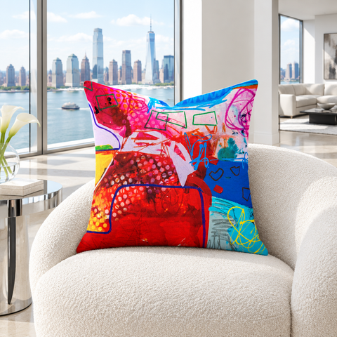A Vibrant Life pillow in a cool bright-white river-view room