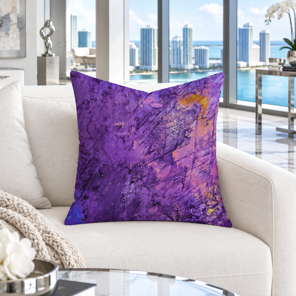Amethyst pillow in a cool-white Miami gallery penthouse