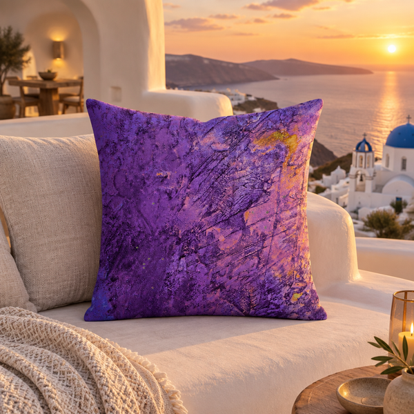 Amethyst pillow in a Santorini suite at sunset