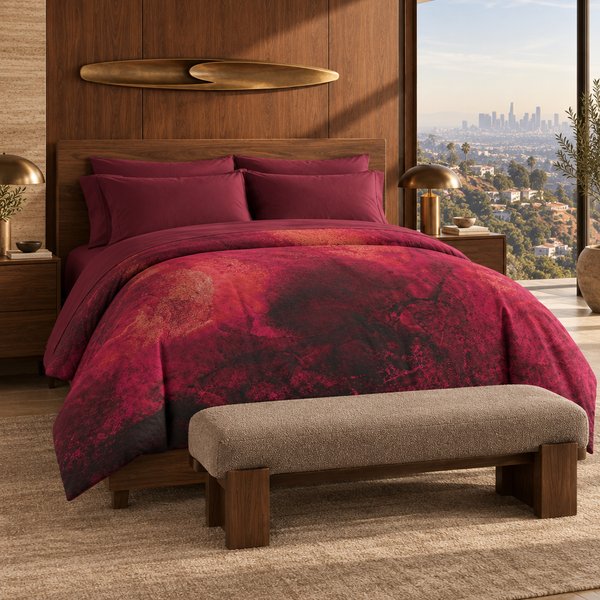 Angled Berry suite with deep berry pillows and sheets