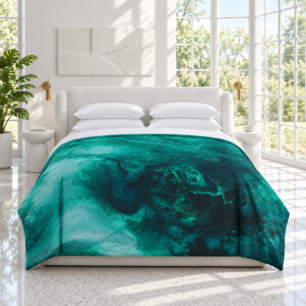Aquatic 2 Emerald comforter in a recreated room with white bedding
