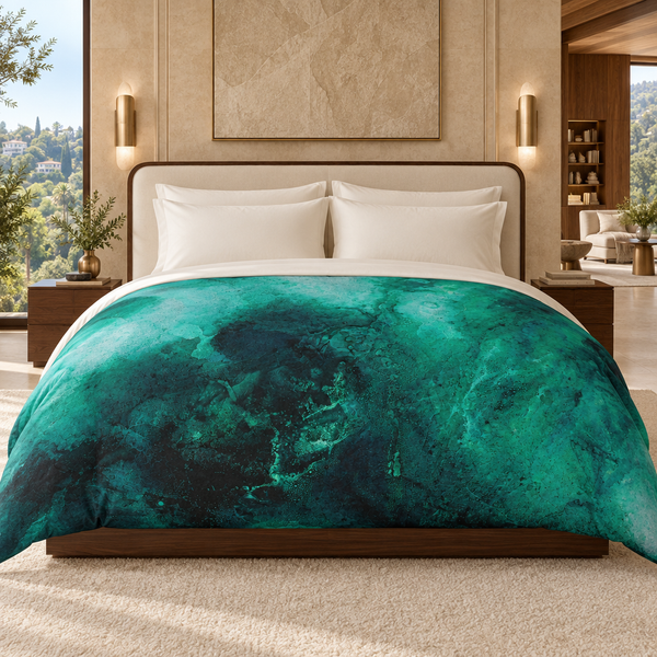 Aquatic 2 Emerald comforter in a warm luxury suite