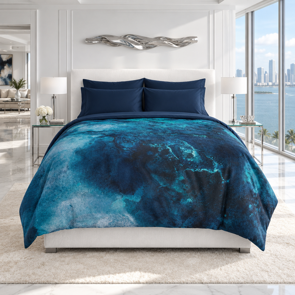 Aquatic 2 in a bright-white Miami suite with navy bedding