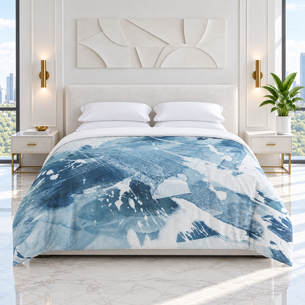 Aquatic 3 Blue comforter in the white room with white pillows and sheet