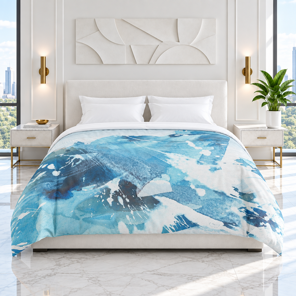 Aquatic 3 Blue Waters comforter in a bright-white room with white bedding