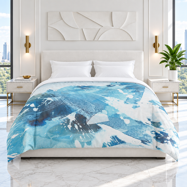 Aquatic 3 Blue Waters comforter in a bright-white room with white bedding