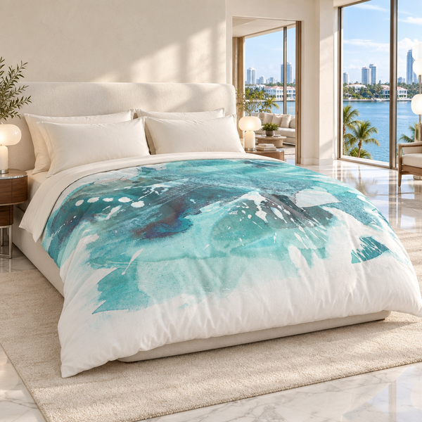 Aquatic 3 Sea Glass Aqua comforter in a luminous Miami suite