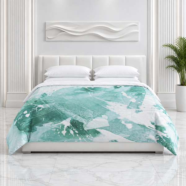 Aquatic 3 Sea Glass Green comforter in a recreated Art Deco room with white bedding