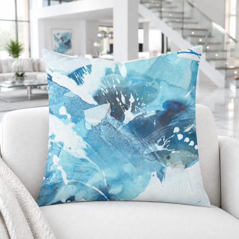 Aquatic Blue Waters pillow close-up in a modern white loft
