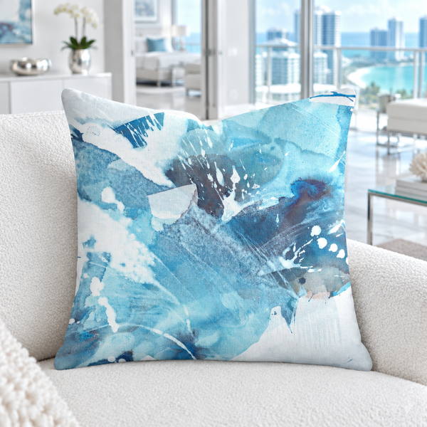 Aquatic Blue Waters pillow close-up in a white Miami Beach condo