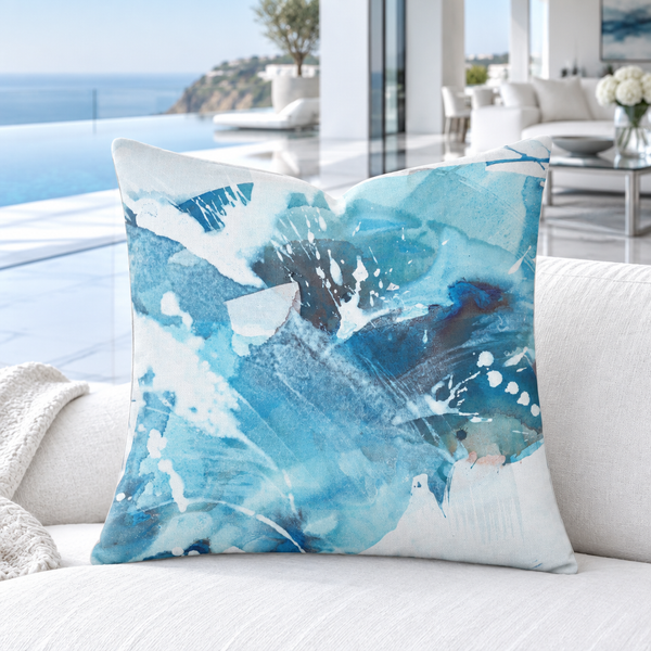 Aquatic Blue Waters pillow close-up on a white daybed in a hillside villa
