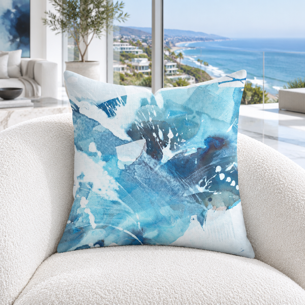 Aquatic Blue Waters pillow in a bright white Malibu residence