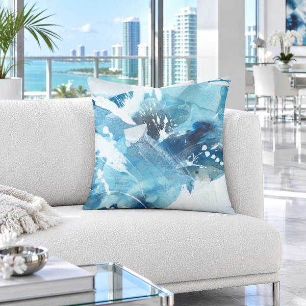 Aquatic Blue Waters pillow in a bright white Miami Beach condo