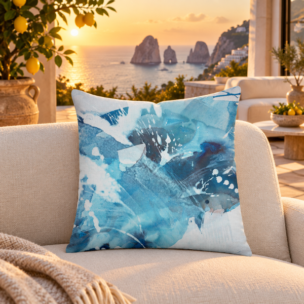 Aquatic Blue Waters pillow in a Capri villa at sunset