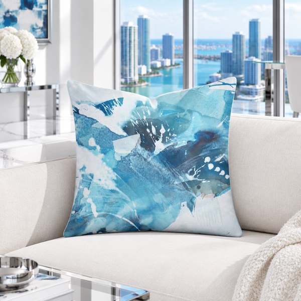 Aquatic Blue Waters pillow in a cool-white Miami gallery penthouse