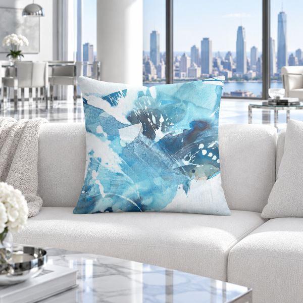 Aquatic Blue Waters pillow in a cool-white minimalist penthouse