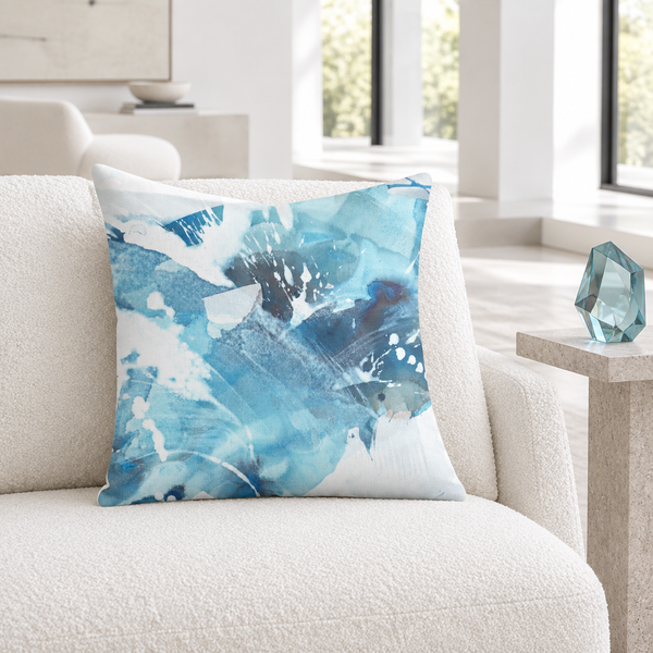Aquatic Blue Waters pillow in a modern white living room with one subtle accent