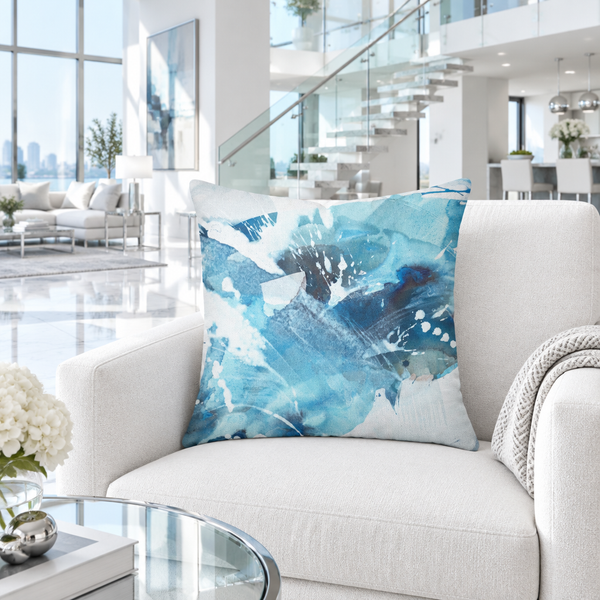 Aquatic Blue Waters pillow in a modern white loft