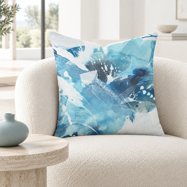 Aquatic Blue Waters pillow in a modern white lounge corner with one subtle accent