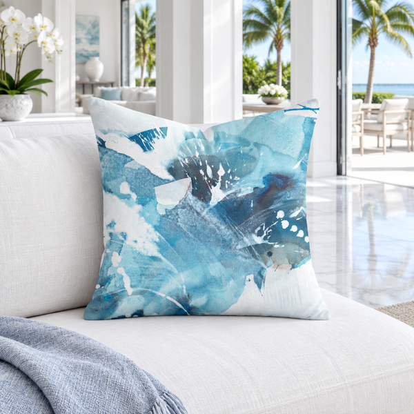 Aquatic Blue Waters pillow in a modern white Palm Beach villa