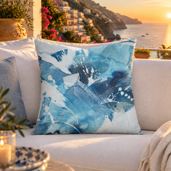 Aquatic Blue Waters pillow in a Positano villa at sunset