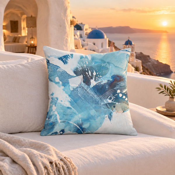 Aquatic Blue Waters pillow in a Santorini suite at sunset