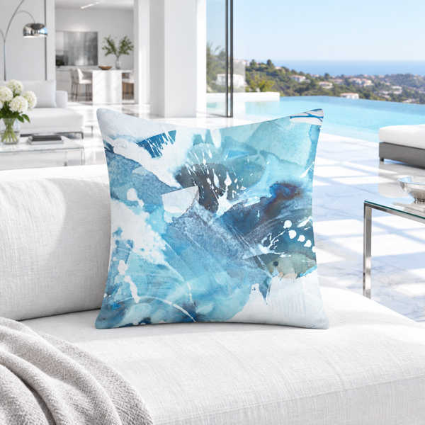 Aquatic Blue Waters pillow on a white daybed in a hillside villa
