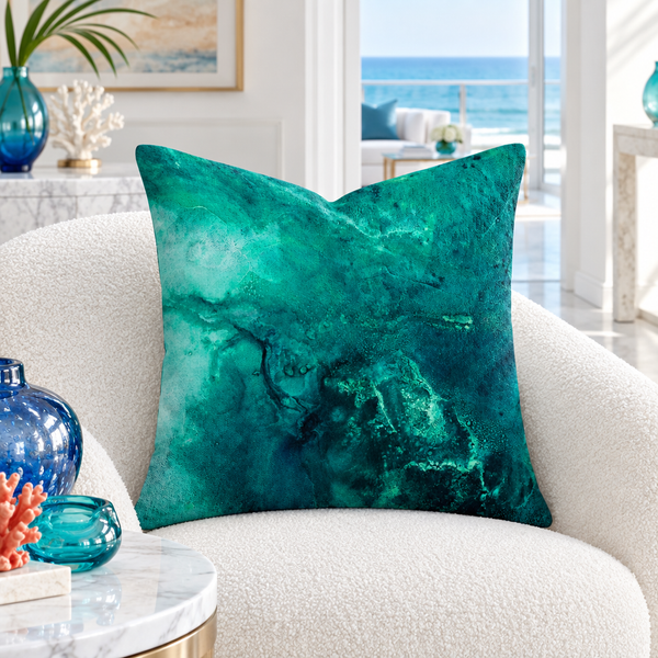 Aquatic Emerald in a white room with colorful details
