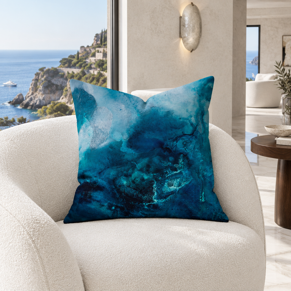 Aquatic pillow on a chair in a Mediterranean coastal lounge