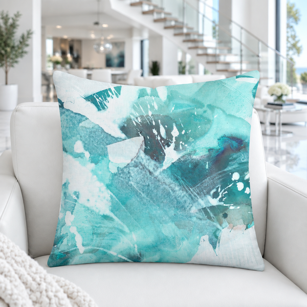 Aquatic Sea Glass Aqua pillow close-up in a modern white loft
