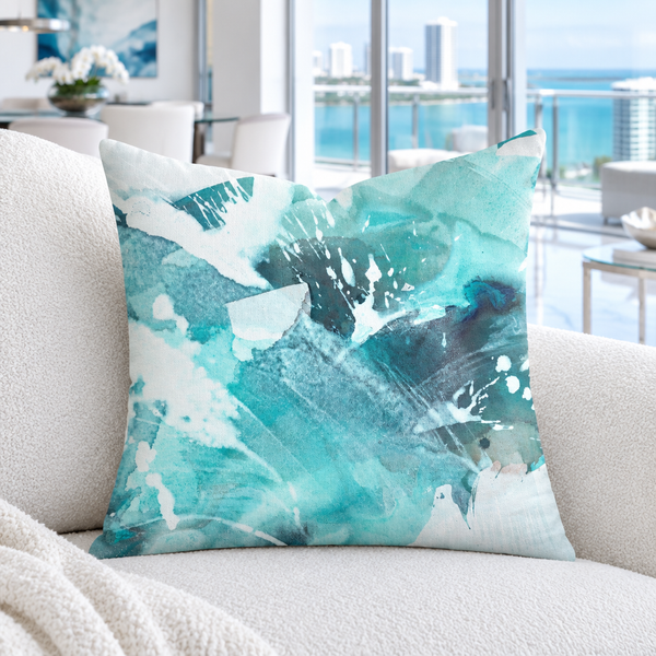 Aquatic Sea Glass Aqua pillow close-up in a white Miami Beach condo