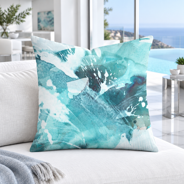 Aquatic Sea Glass Aqua pillow close-up on a white daybed in a hillside villa