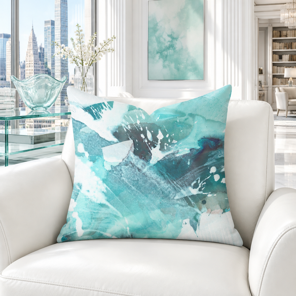 Aquatic Sea Glass Aqua pillow in a bright white collector room with clear and aqua glass
