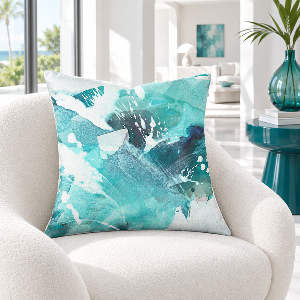 Aquatic Sea Glass Aqua pillow in a bright white room with teal details