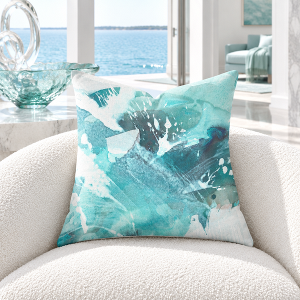 Aquatic Sea Glass Aqua pillow in a bright white waterside room with aqua glass details