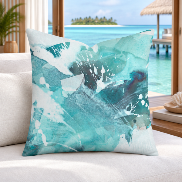 Aquatic Sea Glass Aqua pillow standing upright and plush inside a Maldives villa
