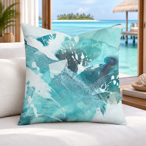 Aquatic Sea Glass Aqua pillow standing upright and plush inside a Maldives villa