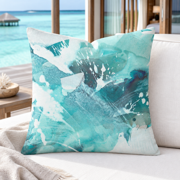 Aquatic Sea Glass Aqua pillow standing upright and plush on a Maldives villa deck