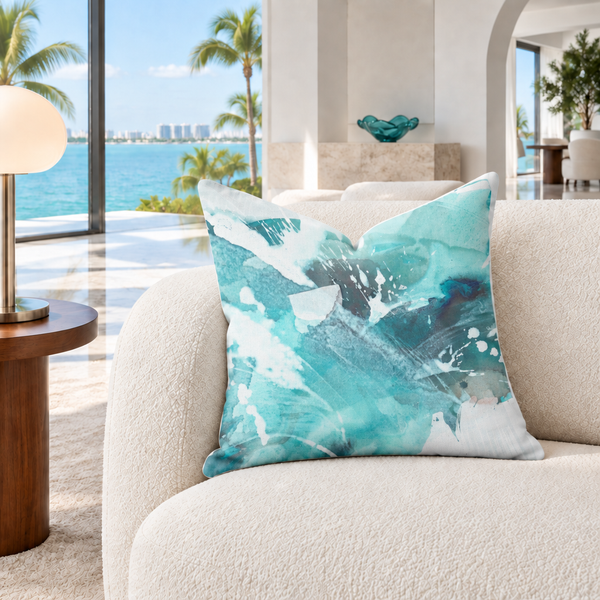 Aquatic Sea Glass Aqua pillow with a teal decorative dish in the background