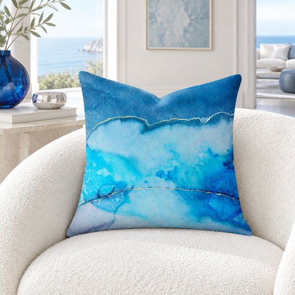 Beautiful Marble Blue pillow in a coastal white room