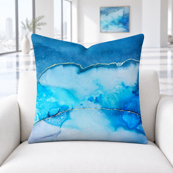 Beautiful Marble blue pillow upright in a white loft with a distant matching painting
