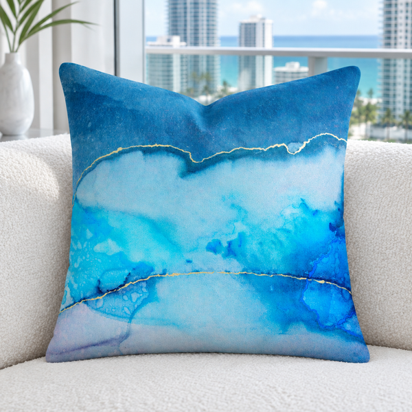 Beautiful Marble blue pillow upright in a white Miami Beach condo